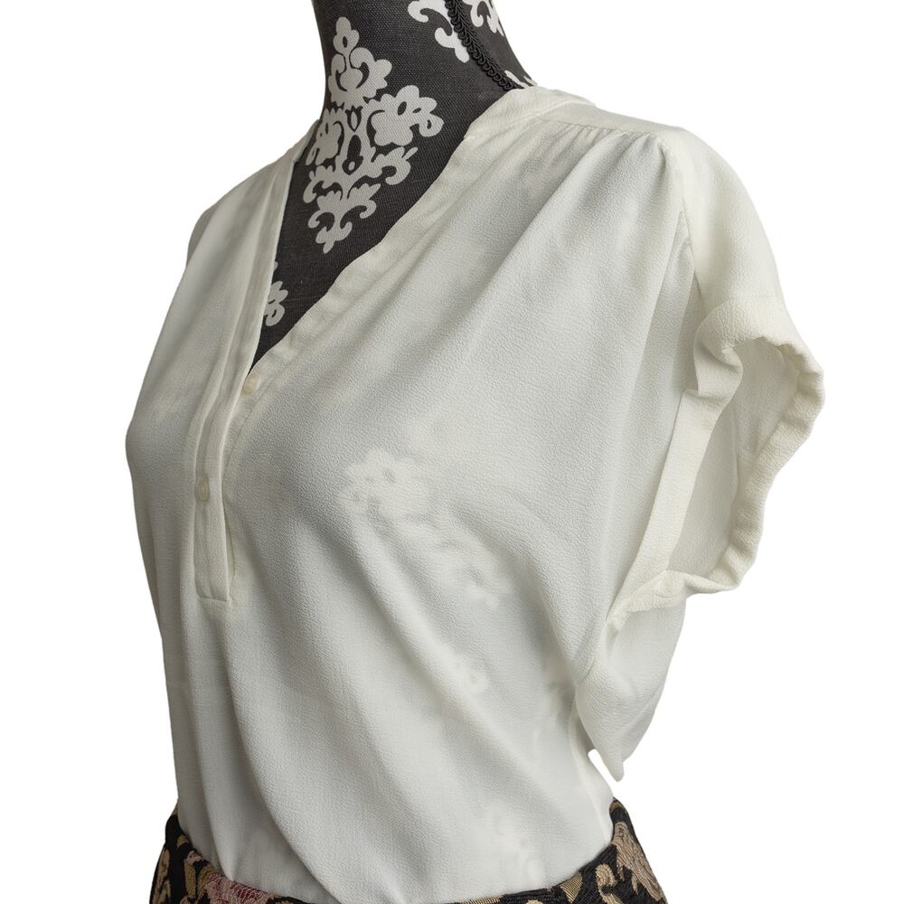 Women's Split V-Neck Short Sleeve Cream Blouse w/ Extended Cap Dolman Sleeves -S